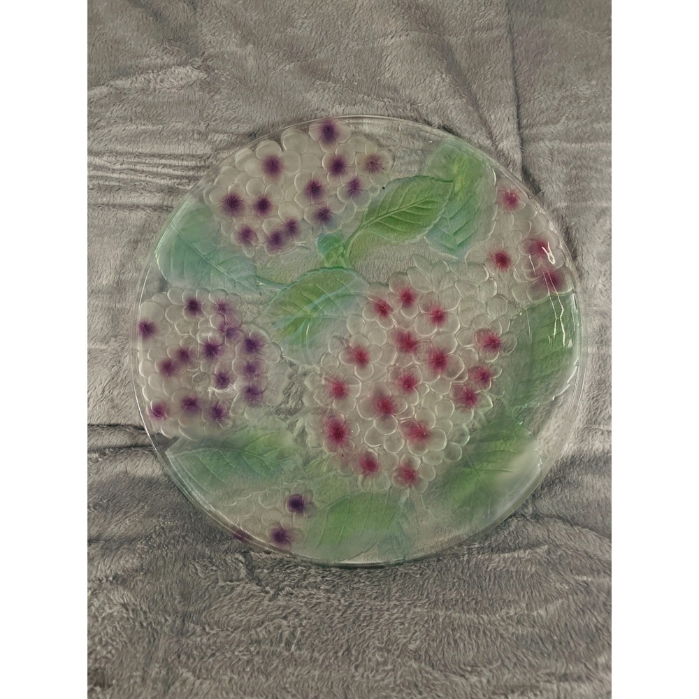 VTG‎ 90s Glass Hydrangea Plate  Frosted Floral Embossed Charger Serving Platter
